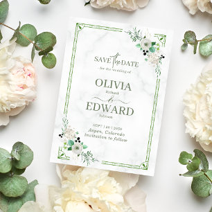 Reserve A Data Floral Aquarela Verde com Casamento de Mármore