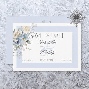Reserve A Data Floral Azul e Branco Rústico de Inverno