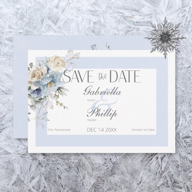 Reserve A Data Floral Azul e Branco Rústico de Inverno (Criador carregado)