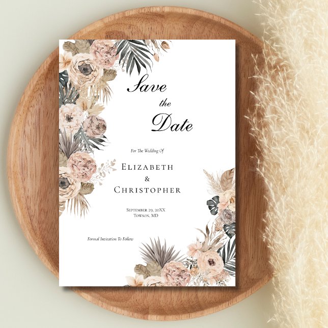 Reserve A Data Floral Botânico Boho Flores Bege Rosa Casamento (Elegant Watercolor pink gray boho floral botanical wedding save the date. )