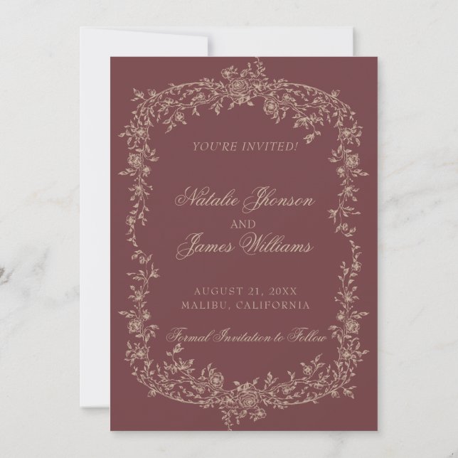 Reserve A Data Floral Burgundy Beige Botanical Old Money Wedding (Verso)