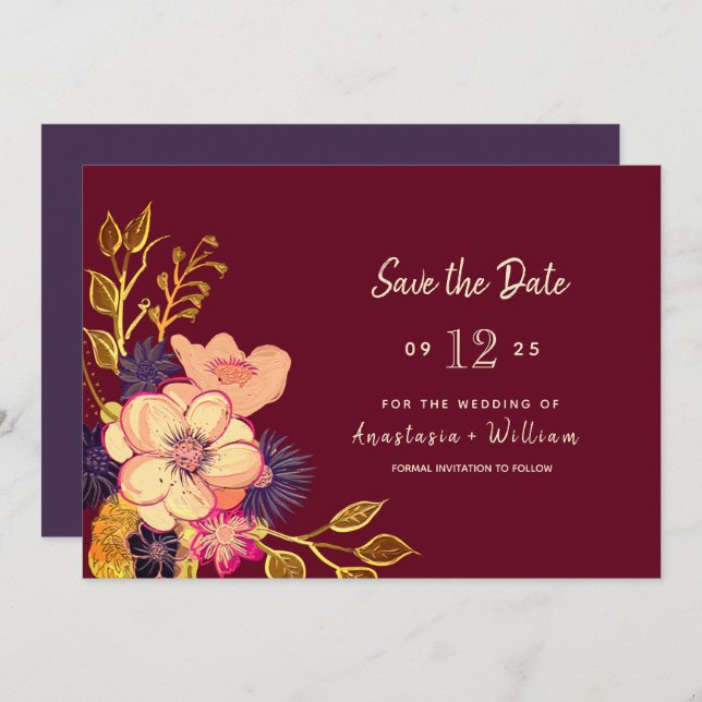 Reserve A Data Floral Burgundy Casamento Salvar A Data (Frente/Verso)