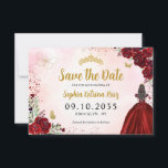 Reserve A Data Floral Burgundy Dourada Princesa Birthday Quincean<br><div class="desc">Floral Borgonha Vermelha Maroon Dourada Princesa Vestida Gole Glitter Sparkle Tiara Crown Borboleta 15 de Aniversário Quinceanera Salvar Data</div>
