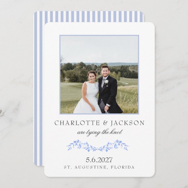 Reserve A Data Floral Clássico Elegante Azul Dusty Com Foto (Frente/Verso)