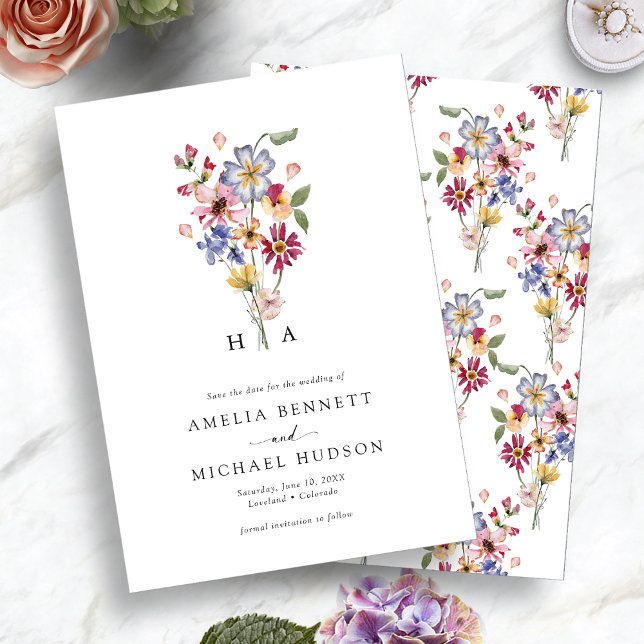 Reserve A Data Floral Colorida Monograma (Colorful Monogrammed Floral Save The Date by Painted Paperie
)
