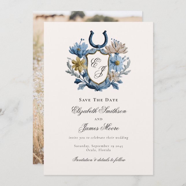 Reserve A Data Floral Crest Equestrian Horseshoe Monogram Photo (Frente/Verso)