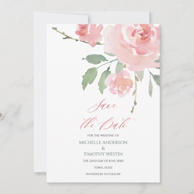 Reserve A Data Floral de Aquarela Rosa-Esbranquiçada Elegante (Frente)
