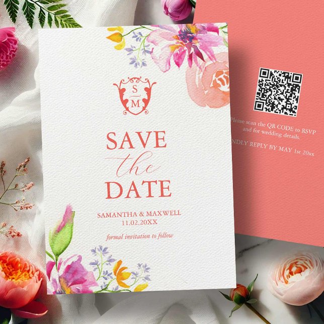 Reserve A Data Floral De Aquarela Salvar A Data (Bold Floral Blooms watercolor save the date cards art by Victoria Grigaliunas Do Tell A Belle)