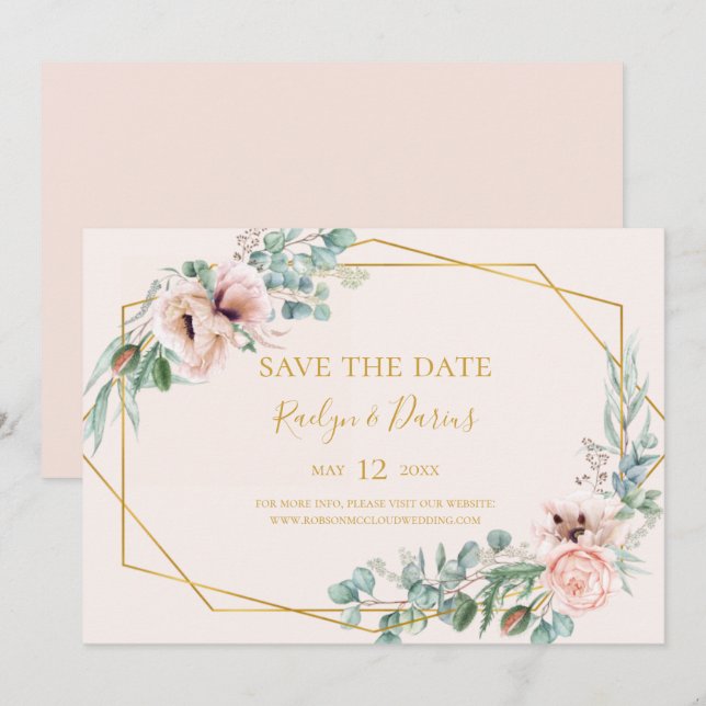 Reserve A Data Floral de Blush Elegante | Pastel horizontal (Frente/Verso)