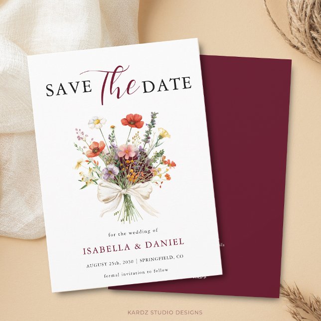 Reserve A Data Floral de Casamento Borgonha (Card is shown in 4.5 x 6.25 inches with square corners. Choose size, corner and paper style.)