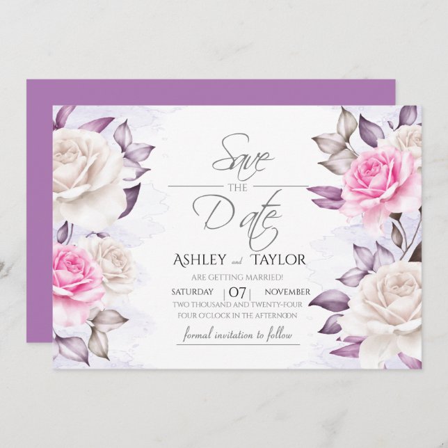Reserve A Data Floral de Casamento em Aquarela Roxo e Rosa (Frente/Verso)