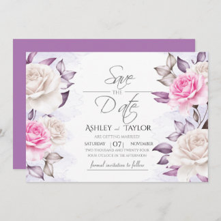 Reserve A Data Floral de Casamento em Aquarela Roxo e Rosa