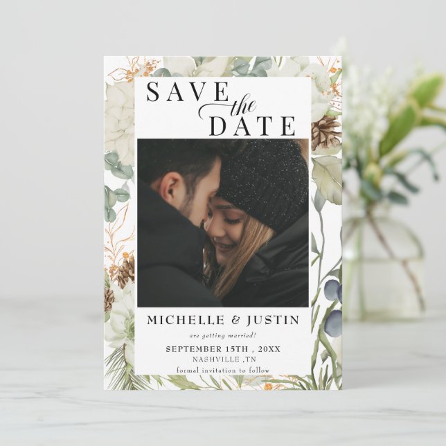 Reserve A Data Floral de Inverno | Casamento de Foto Rústica (Em pé/Frente)