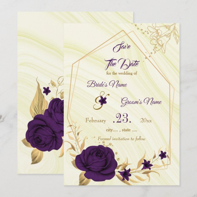 Reserve A Data floral de ouro roxo elegante (Frente/Verso)