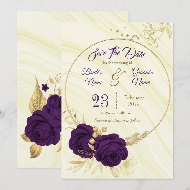 Reserve A Data floral de ouro roxo elegante (Frente/Verso)
