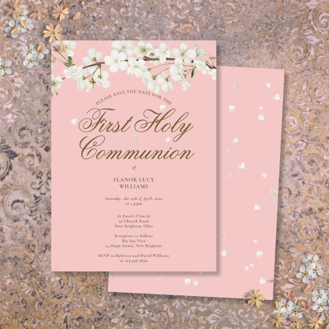 Reserve A Data Floral do Flor Branco da Primeira Comunhão Rosa (Pink First Holy Communion White Blossom Floral Save The Date)