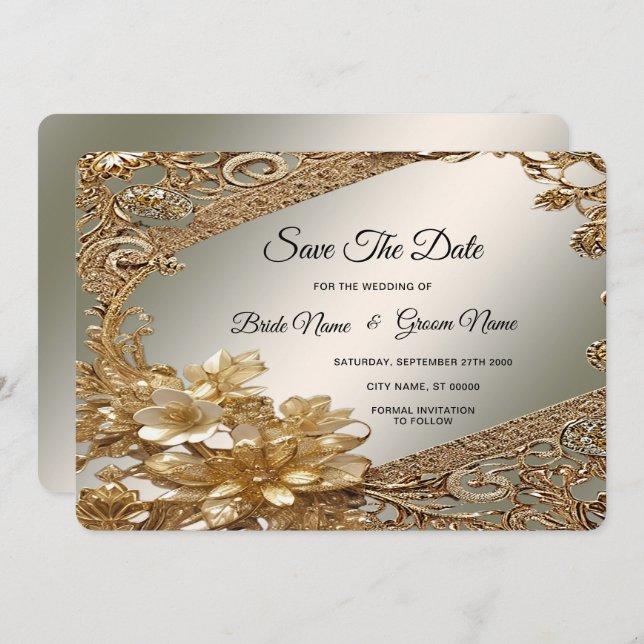 Reserve A Data Floral do Ornamentado Dourado Moderno Salvar a Dat (Frente/Verso)