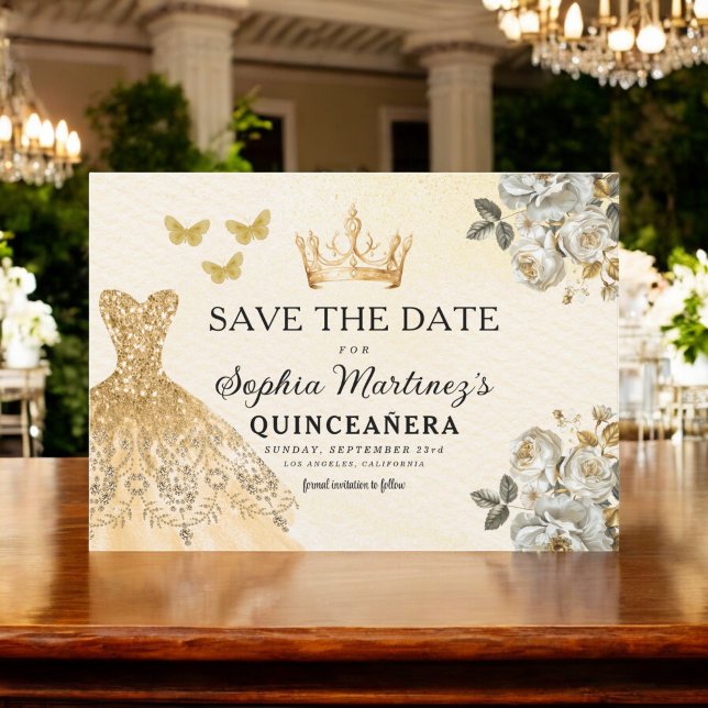 Reserve A Data Floral Dourado Salve a Data Aniversário Quinceaner (Criador carregado)
