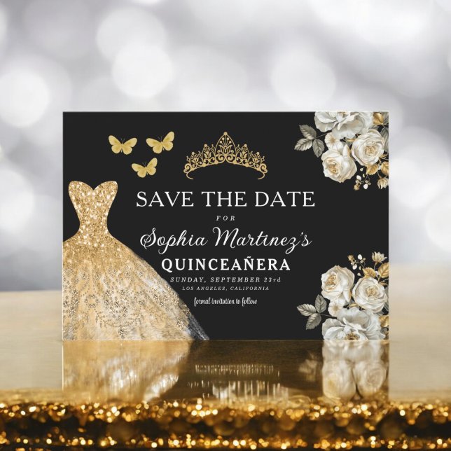 Reserve A Data Floral Dourado Salve a Data Aniversário Quinceaner (Criador carregado)