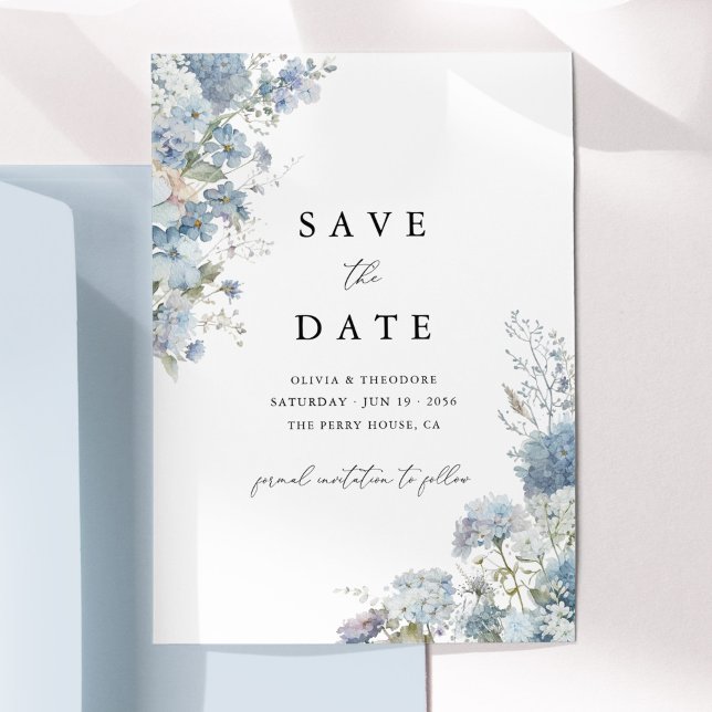 Reserve A Data Floral Elegante Aquarela Azul Empoeirado (Dusty blue watercolor floral wedding save the date card, elegant minimal typography, flat lay)