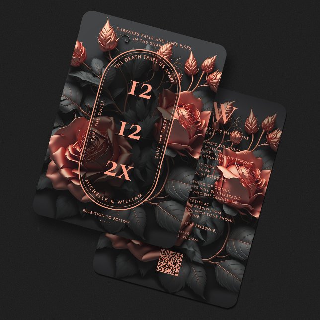 Reserve A Data Floral Elegante Rosegold QR de Casamento Gótico (Gothic Wedding Monogram Floral Elegant Rosegold Save The Date
)