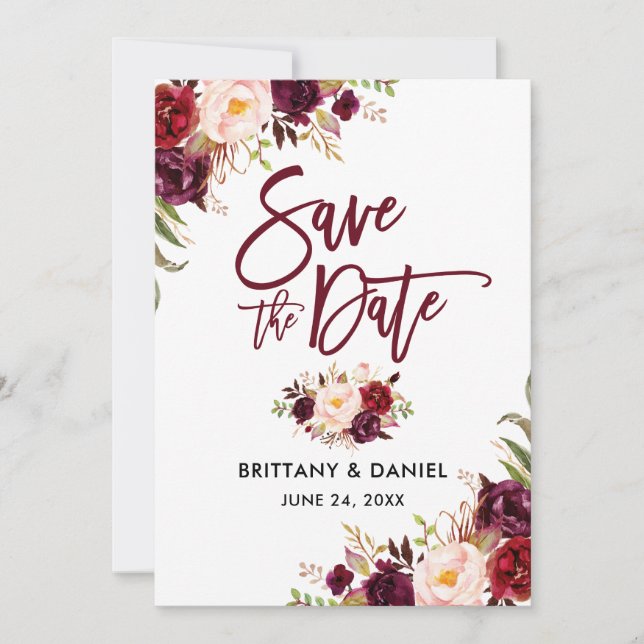 Reserve A Data Floral Floral Burgundy, Script de Pincel Moderno (Frente)
