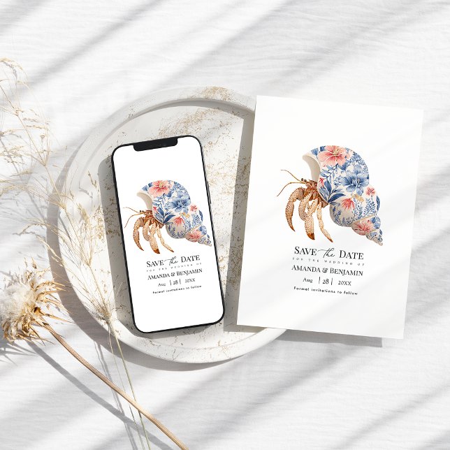 Reserve A Data Floral Hermit Crab Coastal Beach Wedding Nautical (Floral Hermit Crab Coastal Beach Wedding Nautical Save The Date)