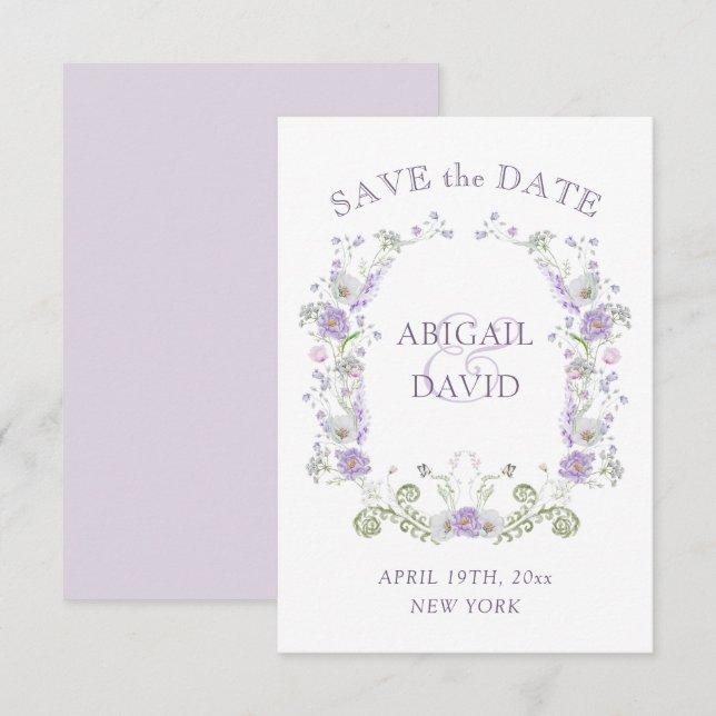Reserve A Data Floral Lilac Arch Frame Wedding Save The Date (Frente/Verso)