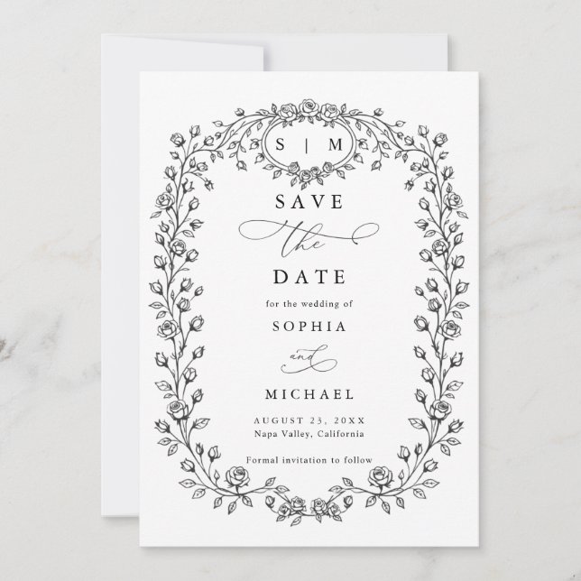 Reserve A Data Floral Line Art Save The Date Invitation (Frente)