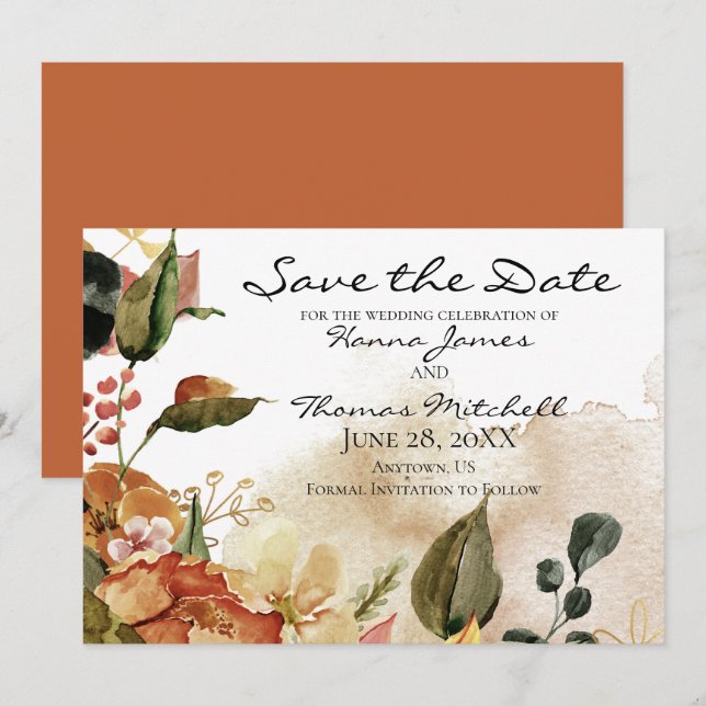 Reserve A Data Floral Outono em Aquarela Casamento Horizontal (Frente/Verso)
