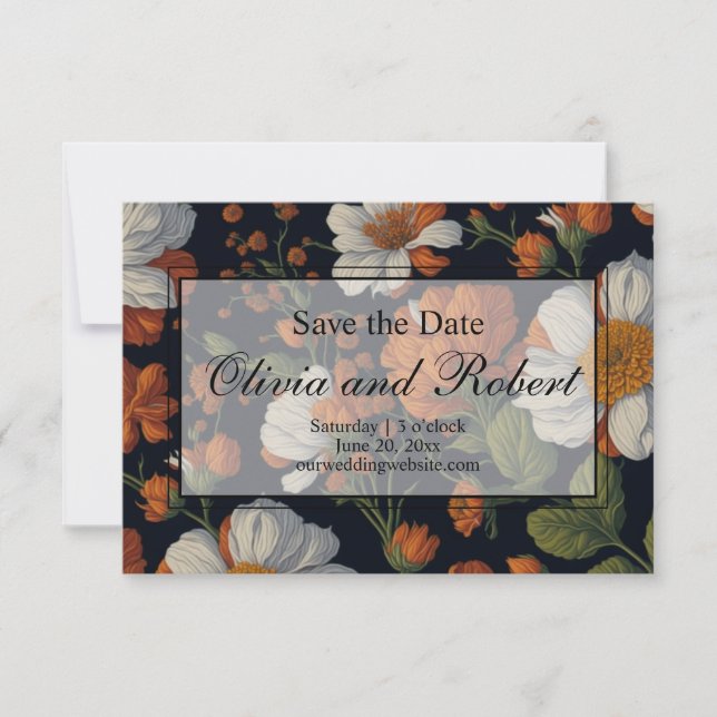 Reserve A Data Floral preto-branco-alaranjado Elegante (Frente)