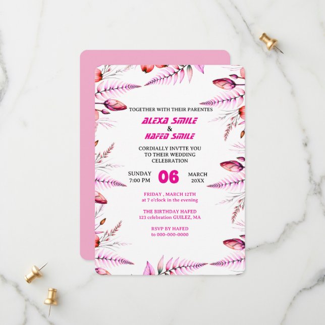 Reserve A Data Floral Rose Wedding Invitation: Blush Pink (Frente/Verso In Situ)