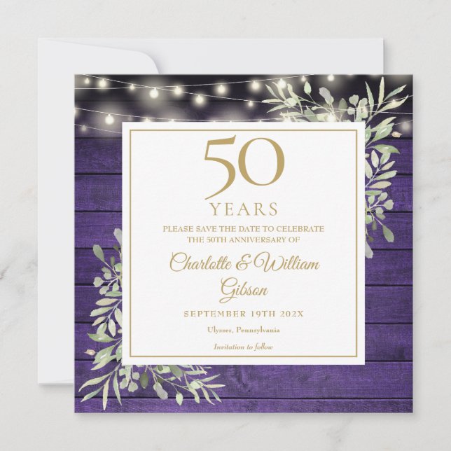 Reserve A Data Floral Roxo de Madeira com Luzes Quadradas de 50º  (Frente)
