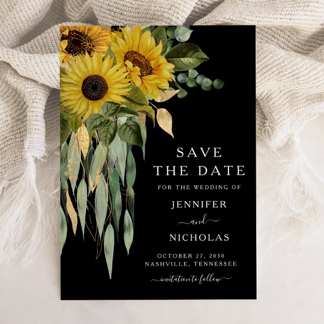 Reserve A Data Floral Russo Black Sunflower (Sunflower Eucalyptus Floral Black Wedding Save The Date)