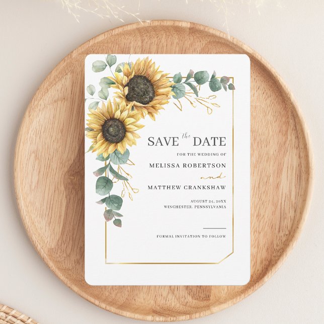 Reserve A Data Floral Sunflower Eucalyptus Greenery (Sunflower Eucalyptus Watercolor Wedding Save the Date Card)