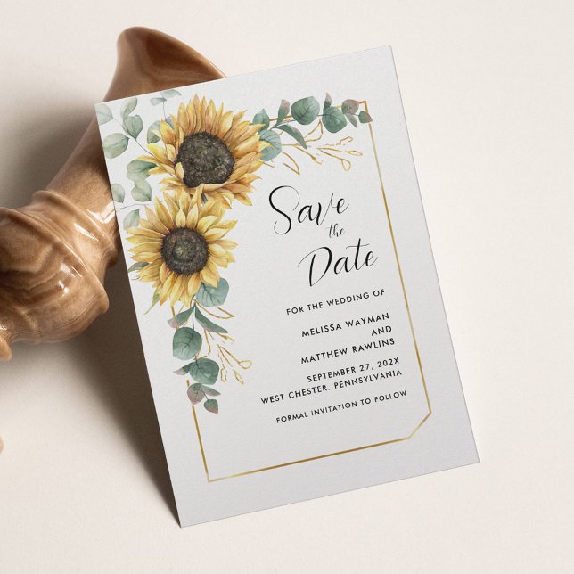 Reserve A Data Floral Sunflower Eucalyptus Script (Sunflower Wedding Save the Date Announcement)