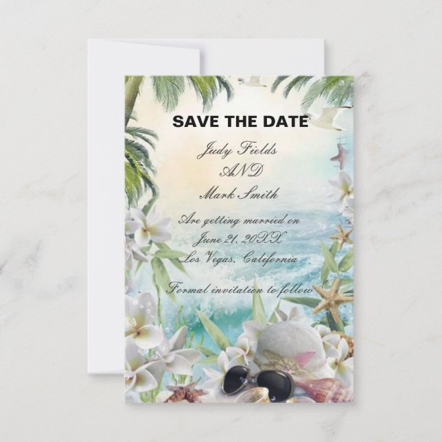 Reserve A Data Floral Tropical Beach Weding The Date Card (Frente)