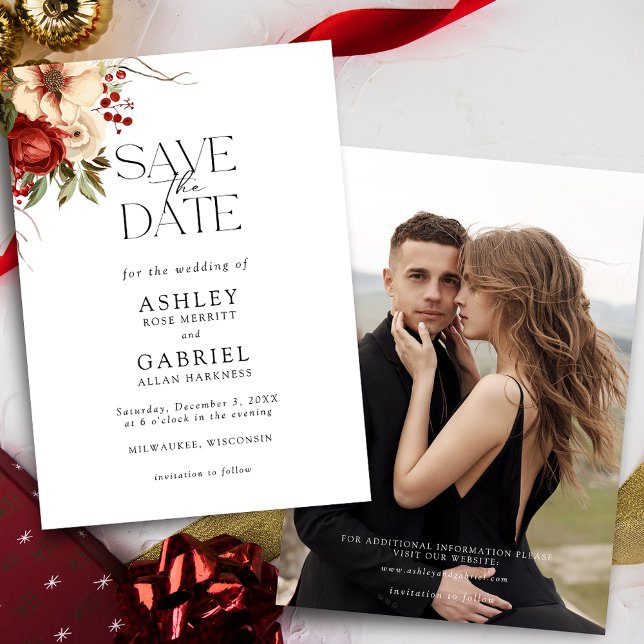 Reserve A Data Floral Vermelho de Damasco de Natal Elegante (Criador carregado)