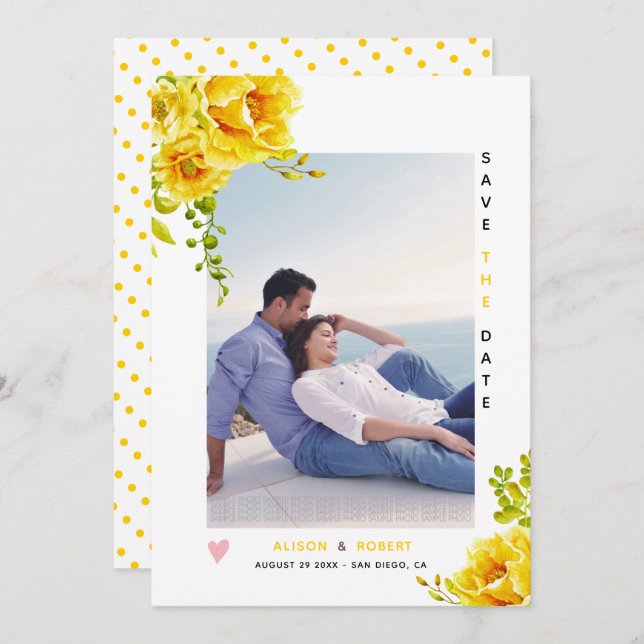 Reserve A Data Flores amarelas a aquarelas, folhas verdes e fotog (Frente/Verso)