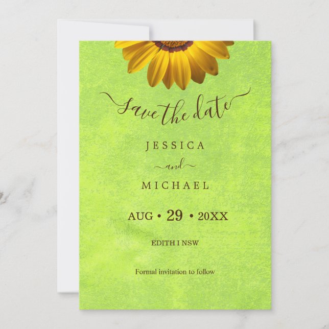 Reserve A Data Flores Amarelas no Casamento Verde Abstrato (Frente)