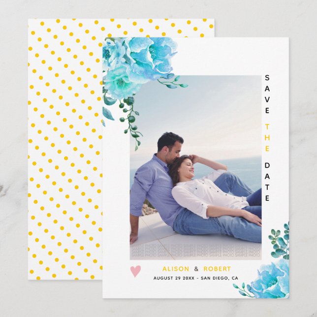 Reserve A Data Flores aquáticas azuis, folhas, foto amarela (Frente/Verso)