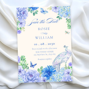 Reserve A Data Flores azul aquarela em flor pavão casamento