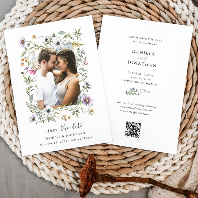 Reserve A Data Flores Botânicas | Código de foto e QR (An elegant wildflower wedding save the date, with your photo and a QR code)
