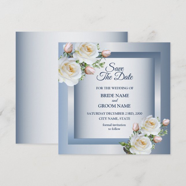 Reserve A Data Flores Brancas Elegantes Azul Cinza (Frente/Verso)