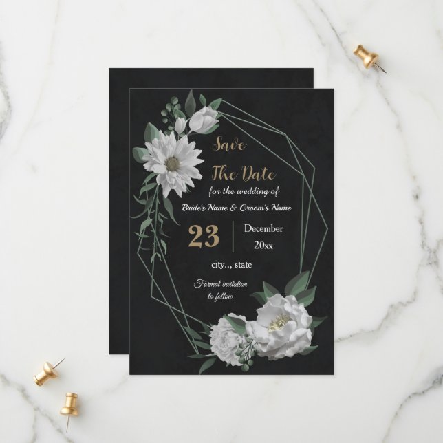 Reserve A Data flores brancas românticas, preto botânico (Frente/Verso In Situ)