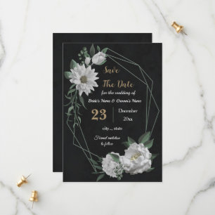 Reserve A Data flores brancas românticas, preto botânico