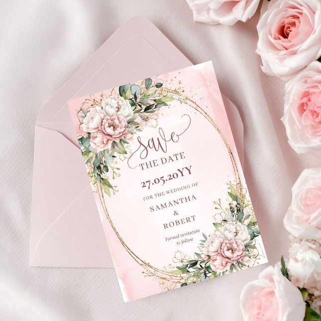 Reserve A Data Flores Clássicas Bohemianas Rosa Claro Salve A Dat (Classic Bohemian Light Pink Flowers Save The Date)