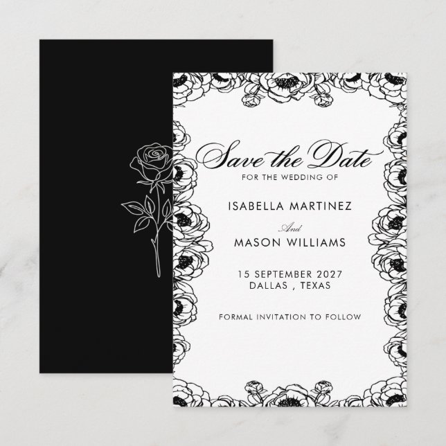 Reserve A Data Flores clássicas em preto e branco para salvar a d (Frente/Verso)