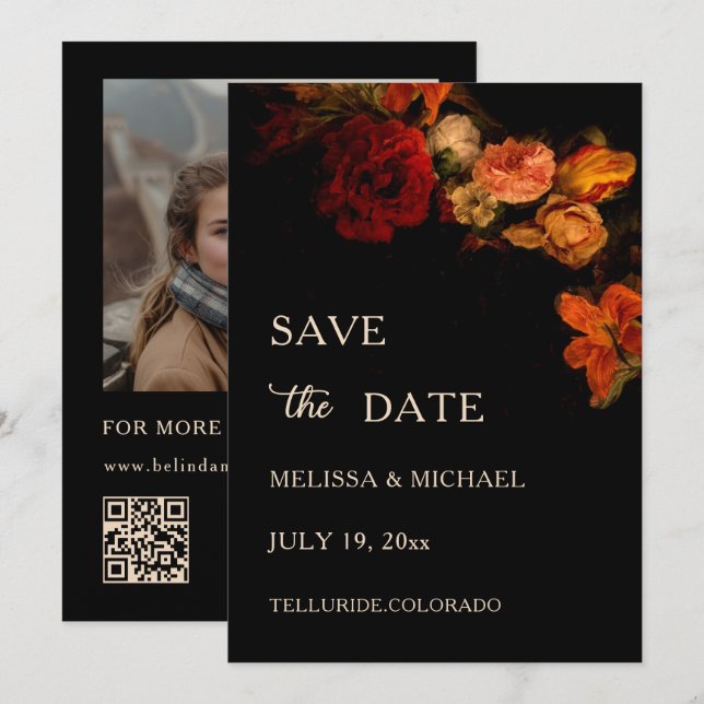 Reserve A Data Flores de Arte Fino Casamento Escuro (Frente/Verso)