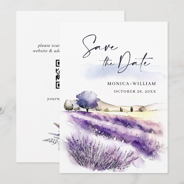 Reserve A Data Flores de Lavanda Roxa em Aquarela Campo Casamento (Frente/Verso)